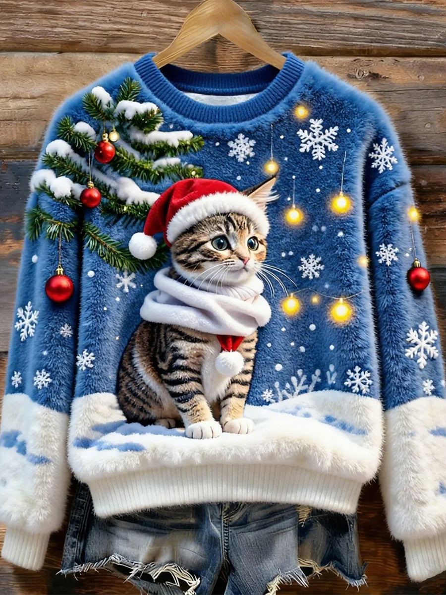 Top casual de franela con estampado de arte navideño de animales retro para mujer