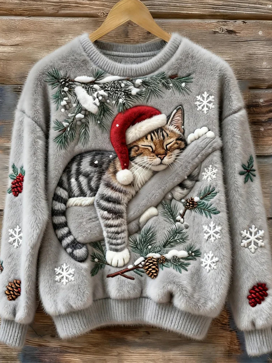 Sudadera de franela de gato de sueño lindo de Navidad para mujer