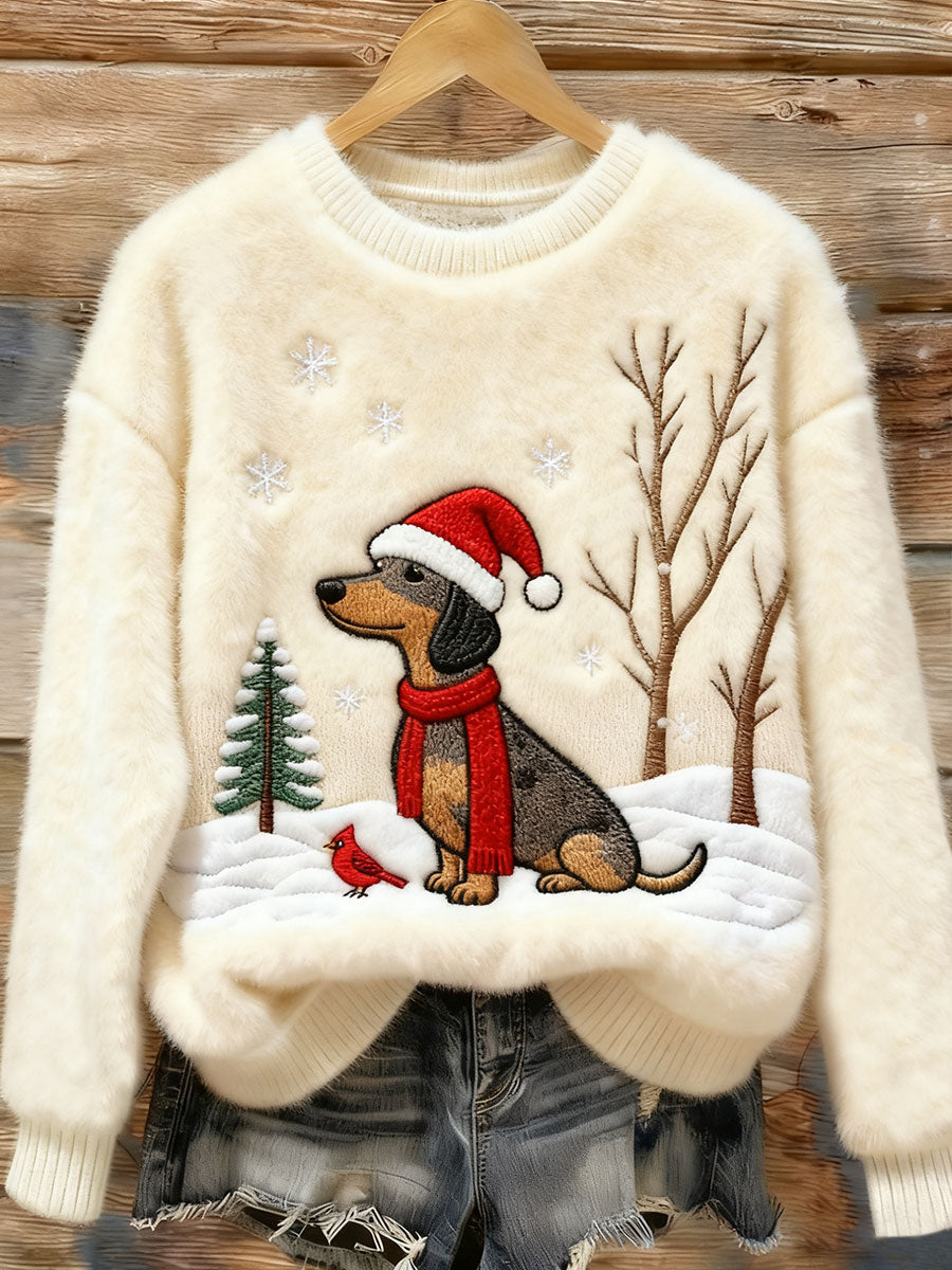 Suéter de franela acogedor para mujer Dachshund Dog Art de Navidad