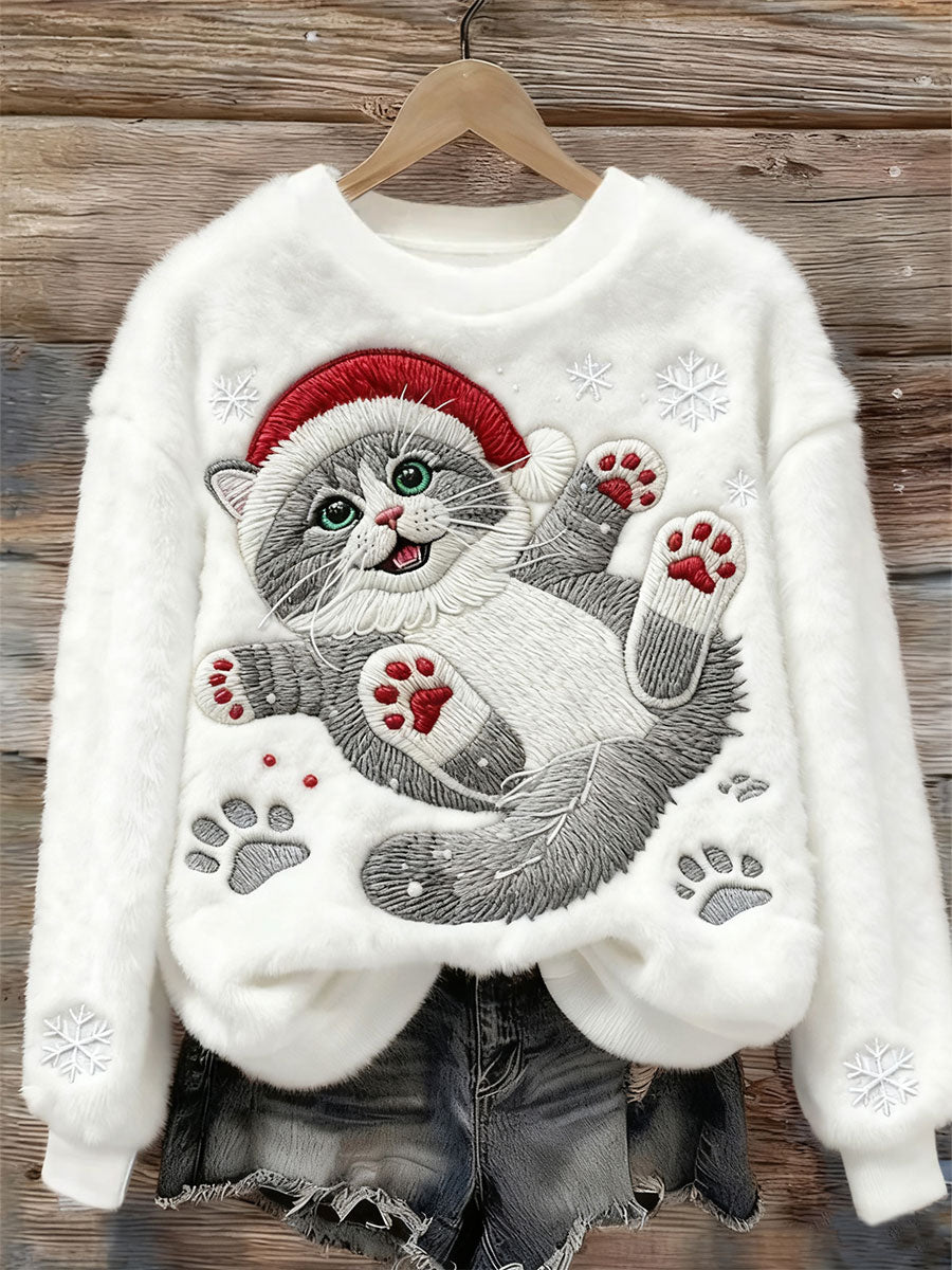 Sudadera de franela casual con estampado de arte de gato lindo de Navidad para mujer