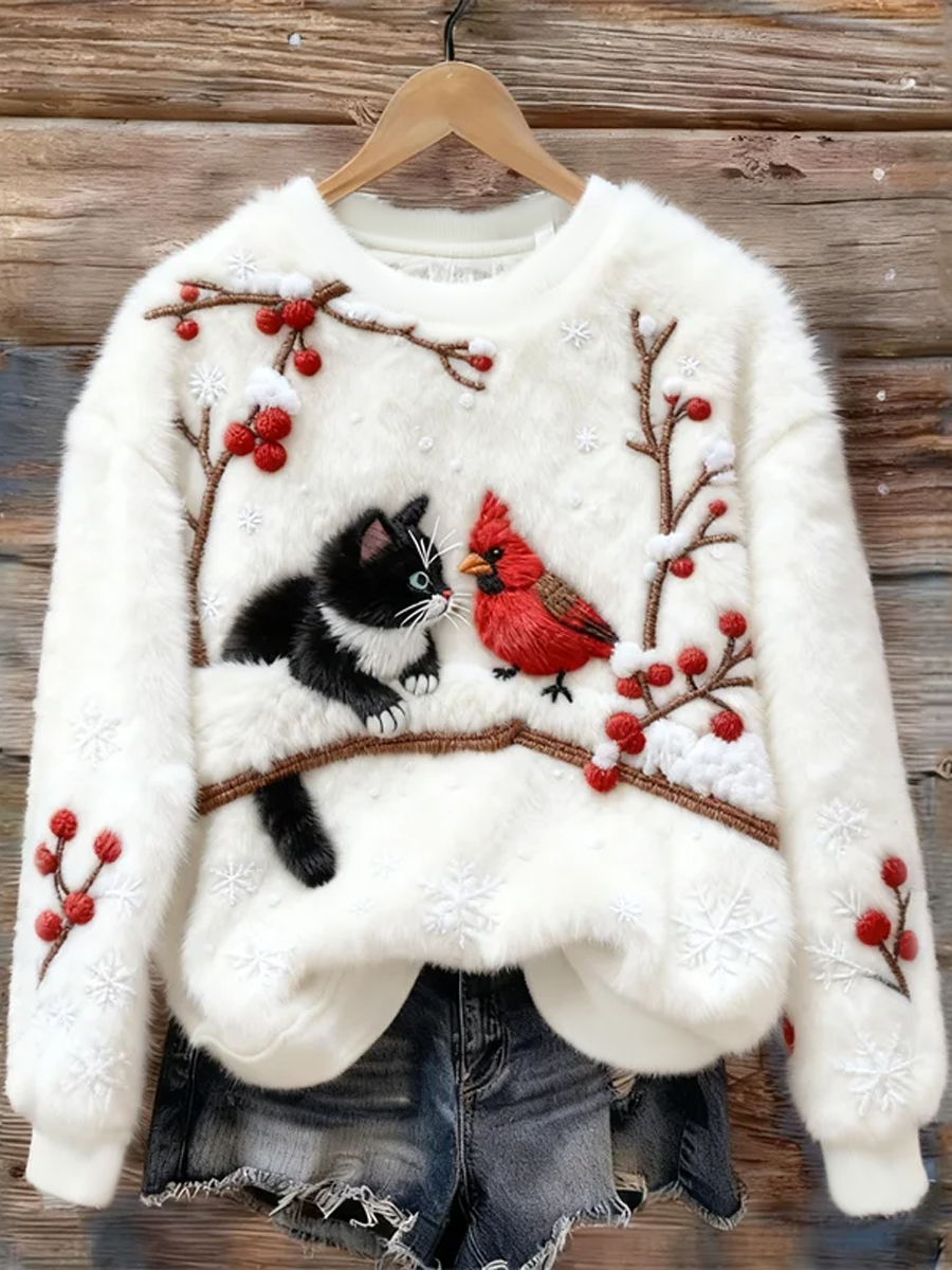 Sudadera de franela de arte de gato lindo de Navidad para mujer