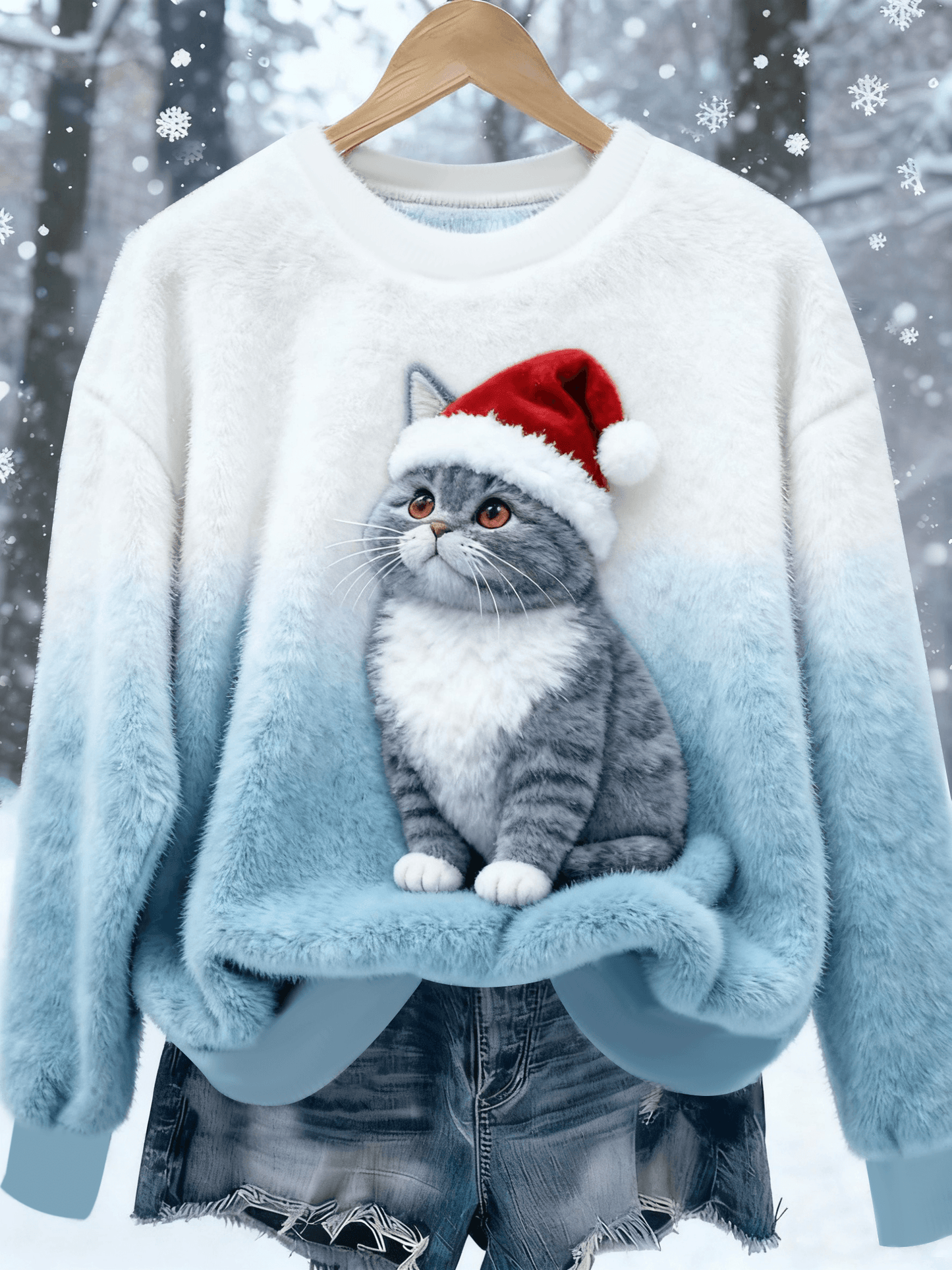 Sudadera de franela impresa gato de Navidad vintage para mujer