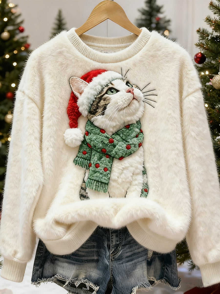Sudadera de franela casual con estampado de arte de gato lindo de Navidad para mujer