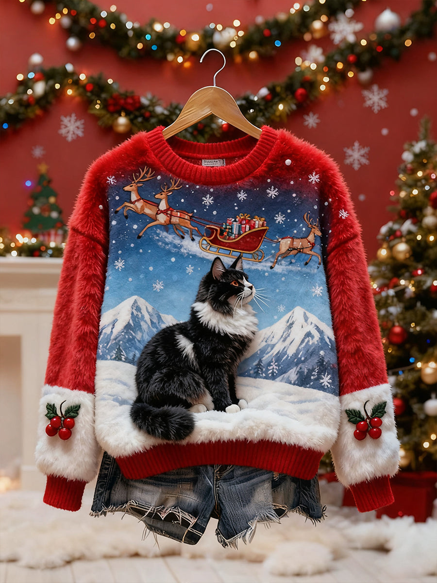 Top casual de franela con estampado de arte navideño de animales retro para mujer