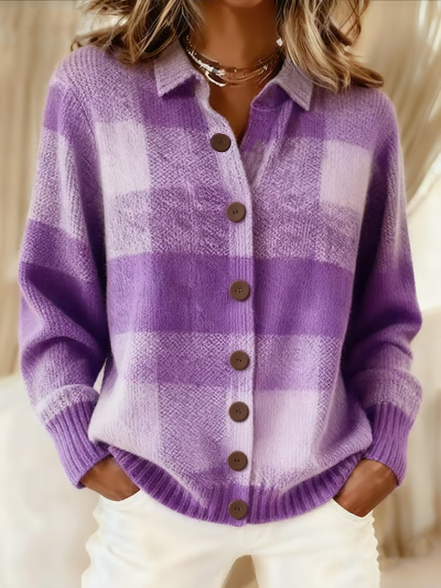 Purple Art Knit Lapel Button Cardigan de punto para mujer