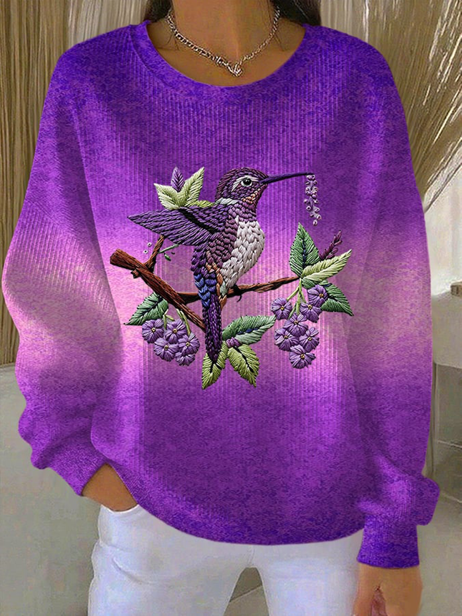 Sudadera casual con estampado floral de hummingbird degradado púrpura para mujer