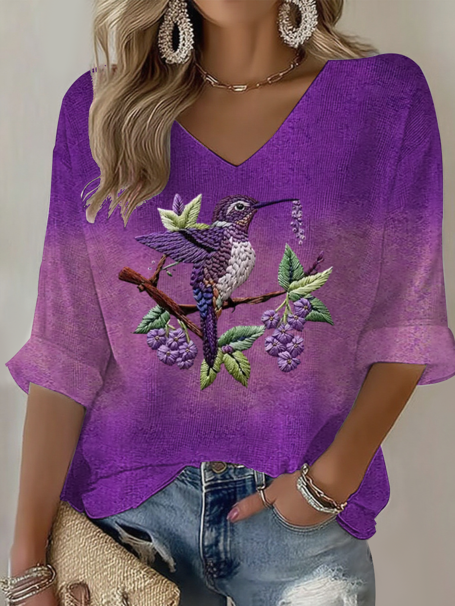 Mujer Purple Gradient Hummingbird Floral Print Waffle Camiseta