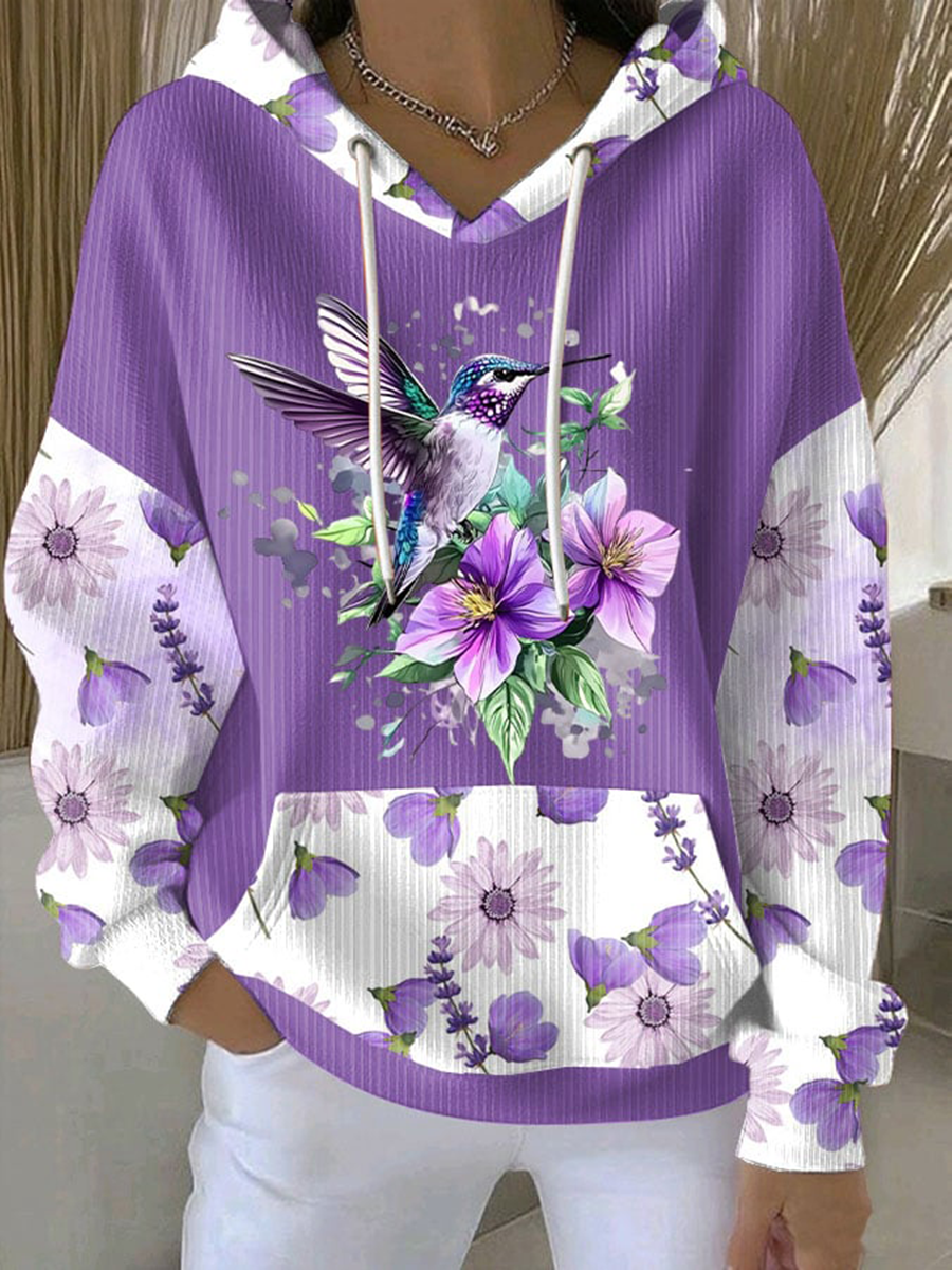 Mujer Casual Purple Hummingbird Textured Hoodie