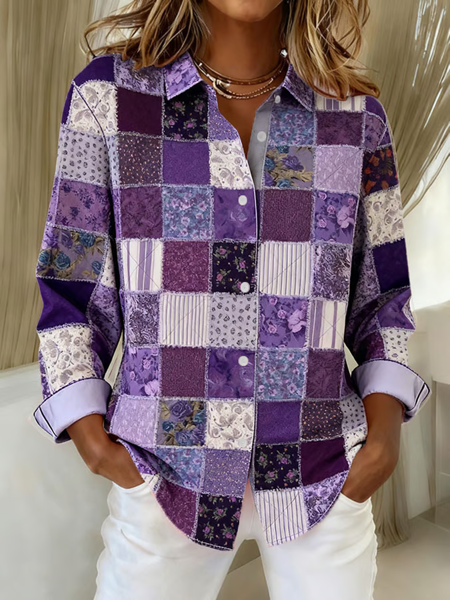 Camisa de solapa casual con estampado de patchwork púrpura para mujer