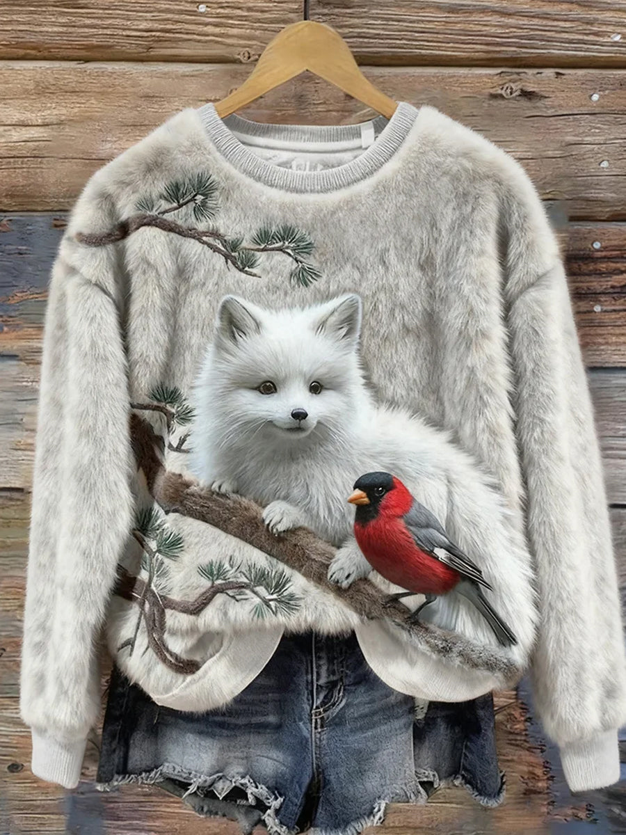 Top casual de franela con estampado de arte navideño de animales retro para mujer