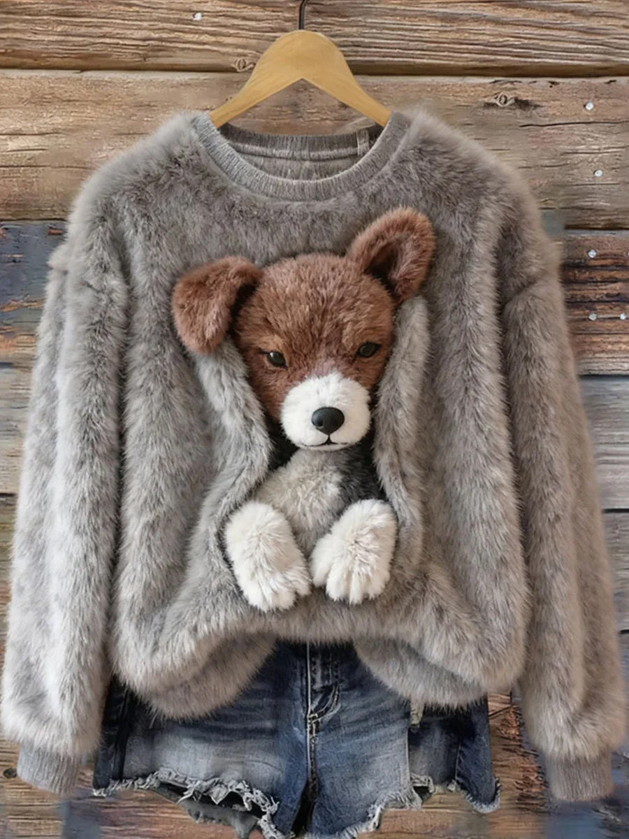 Top casual de franela con estampado de arte navideño de animales retro para mujer