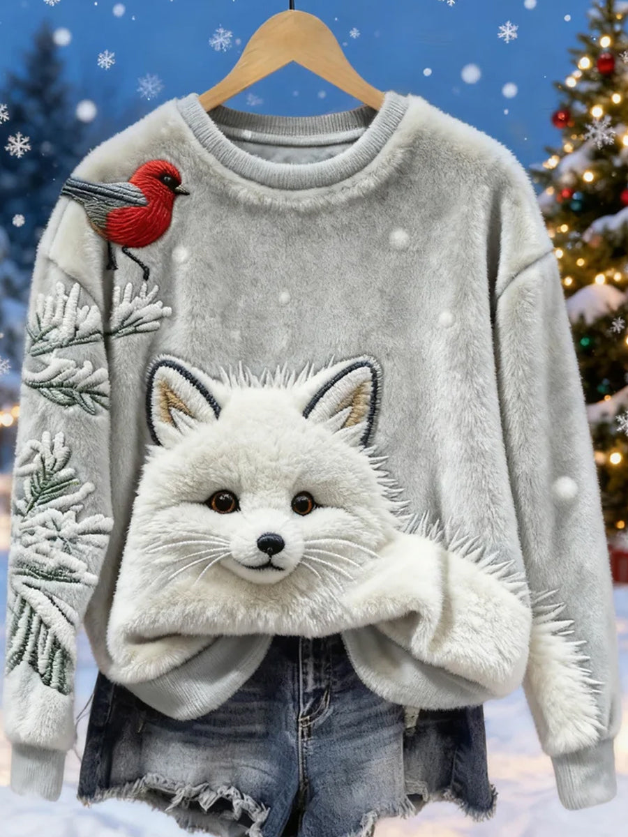 Top casual de franela con estampado de arte navideño de animales retro para mujer