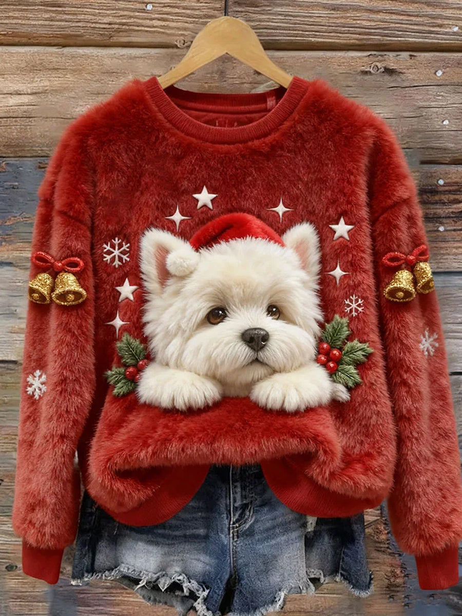 Top casual de franela con estampado de arte navideño de animales retro para mujer