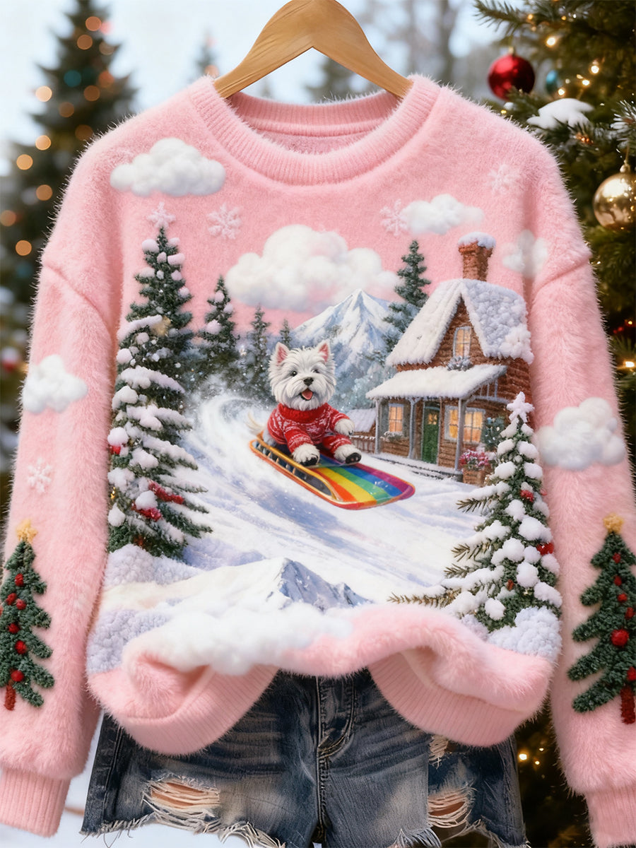 Top casual de franela con estampado de arte navideño de animales retro para mujer