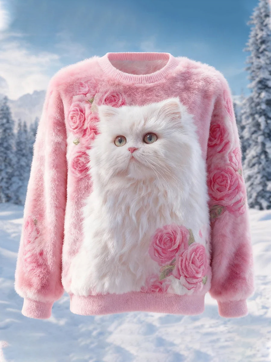 Top casual de franela con estampado de arte navideño de animales retro para mujer