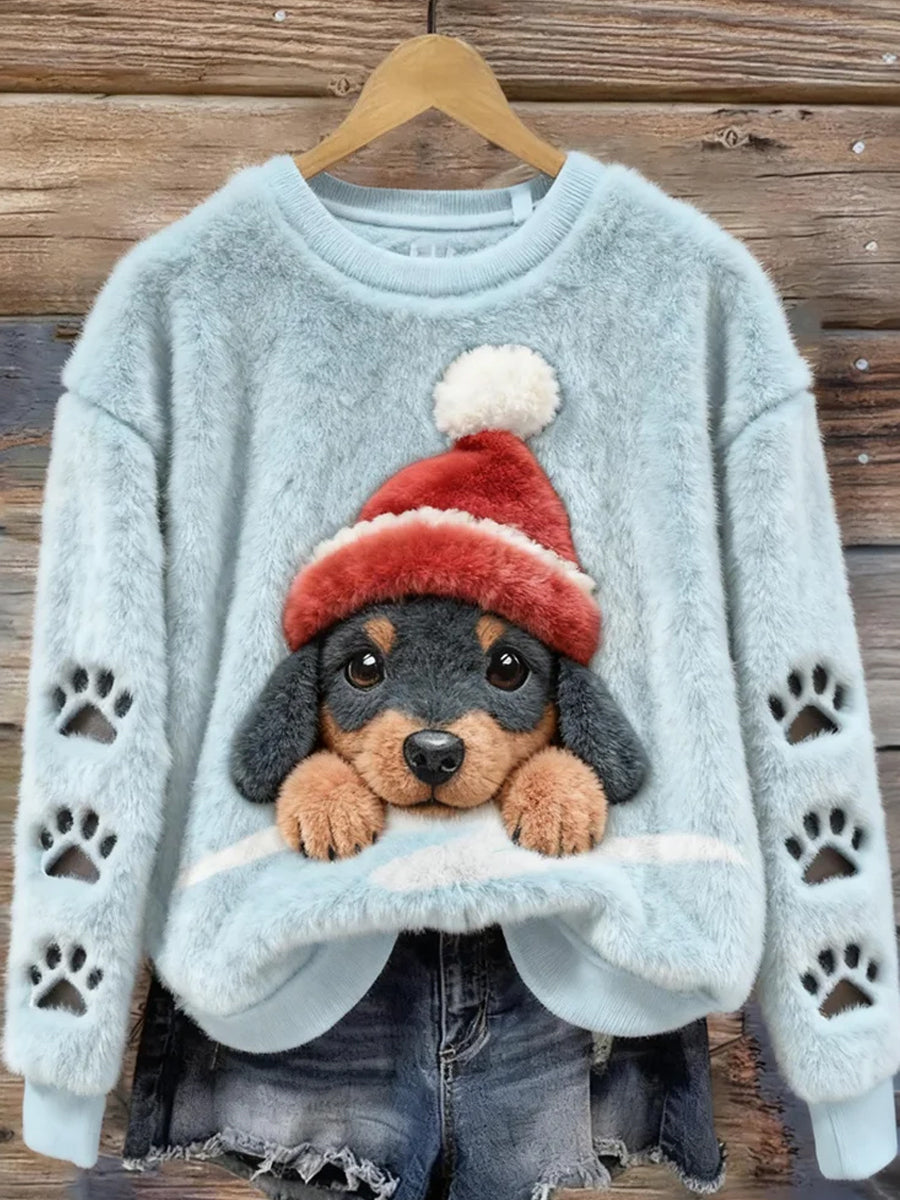 Top casual de franela con estampado de arte navideño de animales retro para mujer
