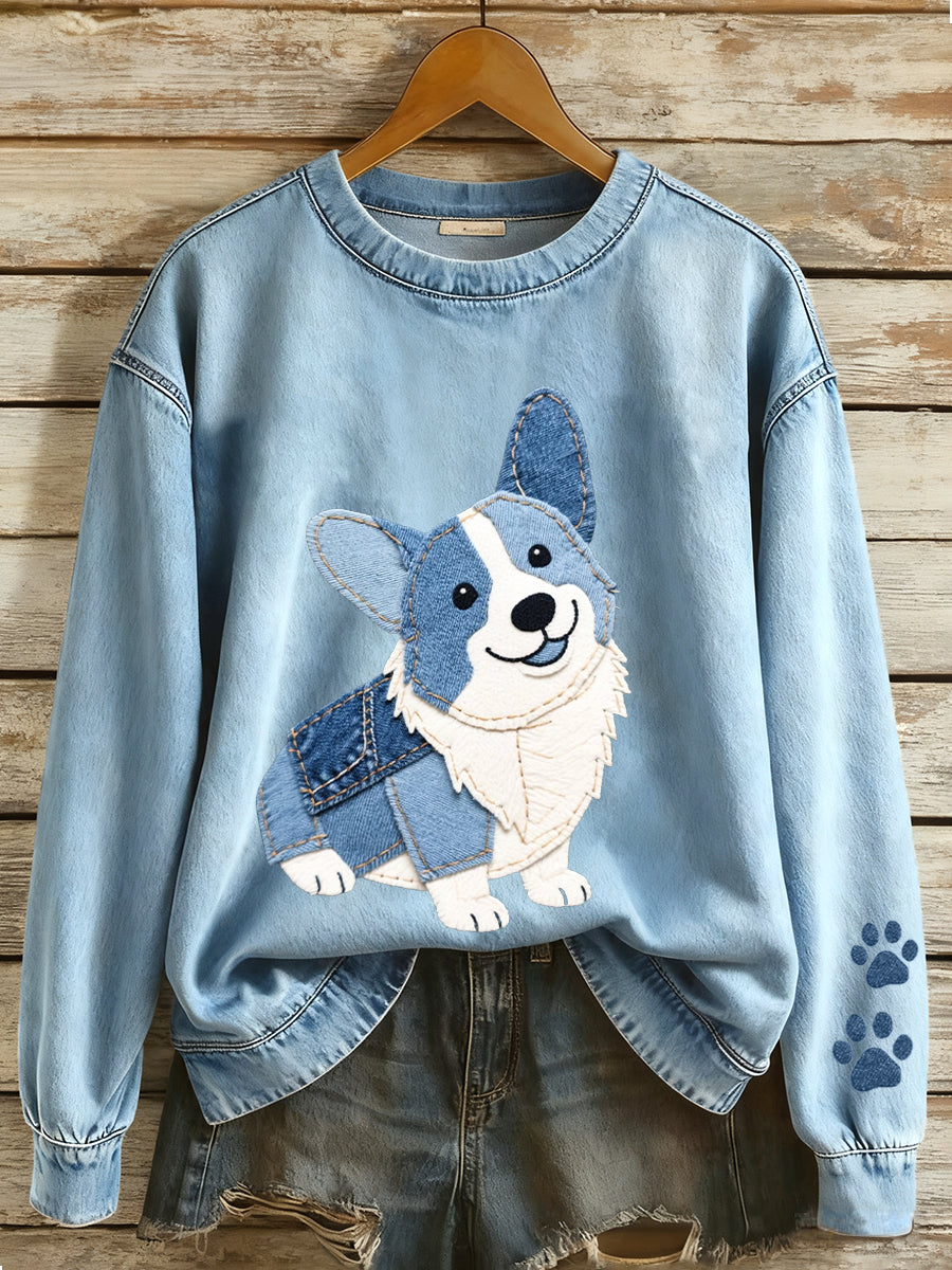 Mujer Denim Patchwork Art Corgi Pattern Sudadera