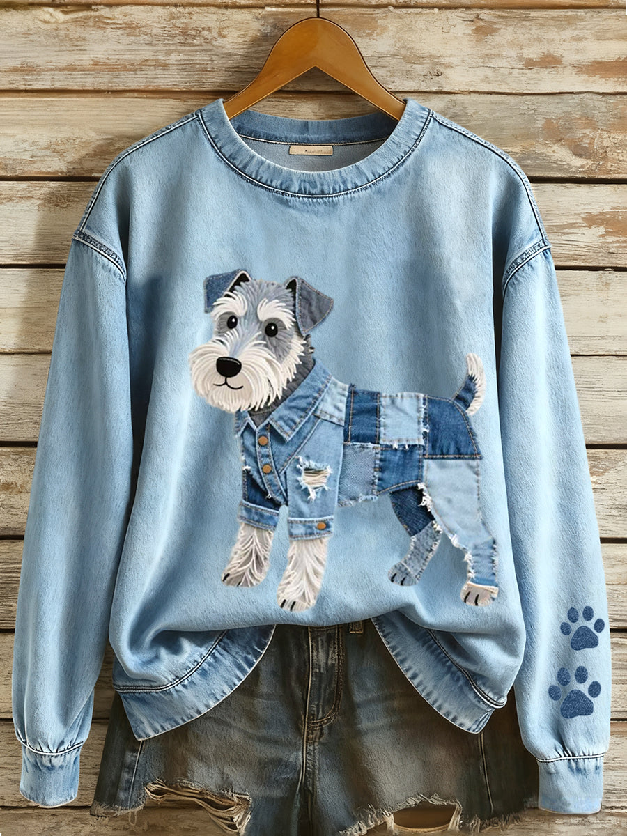 Mujer Denim Patchwork Art Schnauzer Perro Patrón Sudadera