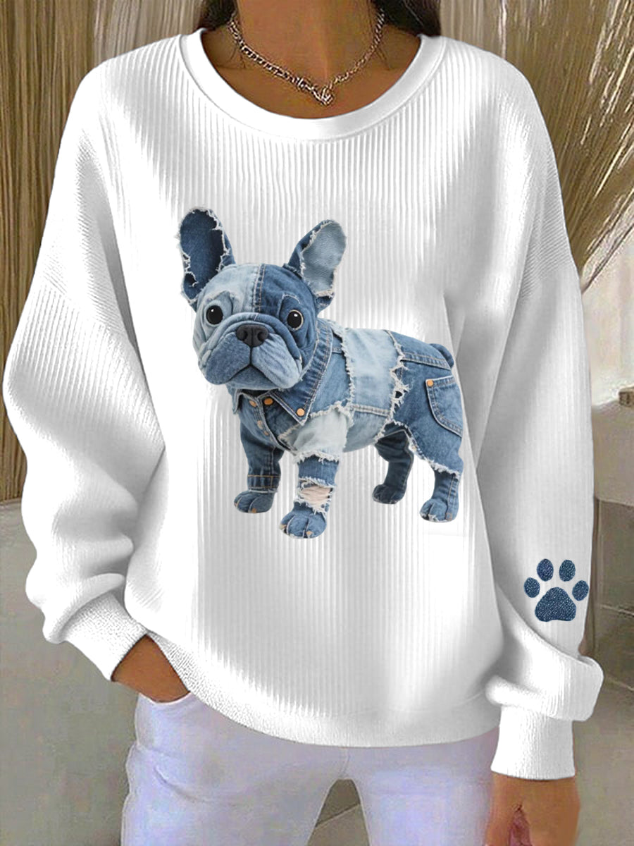 Mujer Denim Patchwork Art French Bulldog Patrón Sudadera