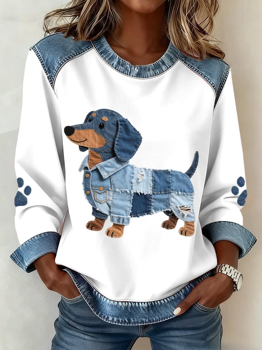 Patrón Dachshund de las mujeres Denim Patchwork Art Sudadera