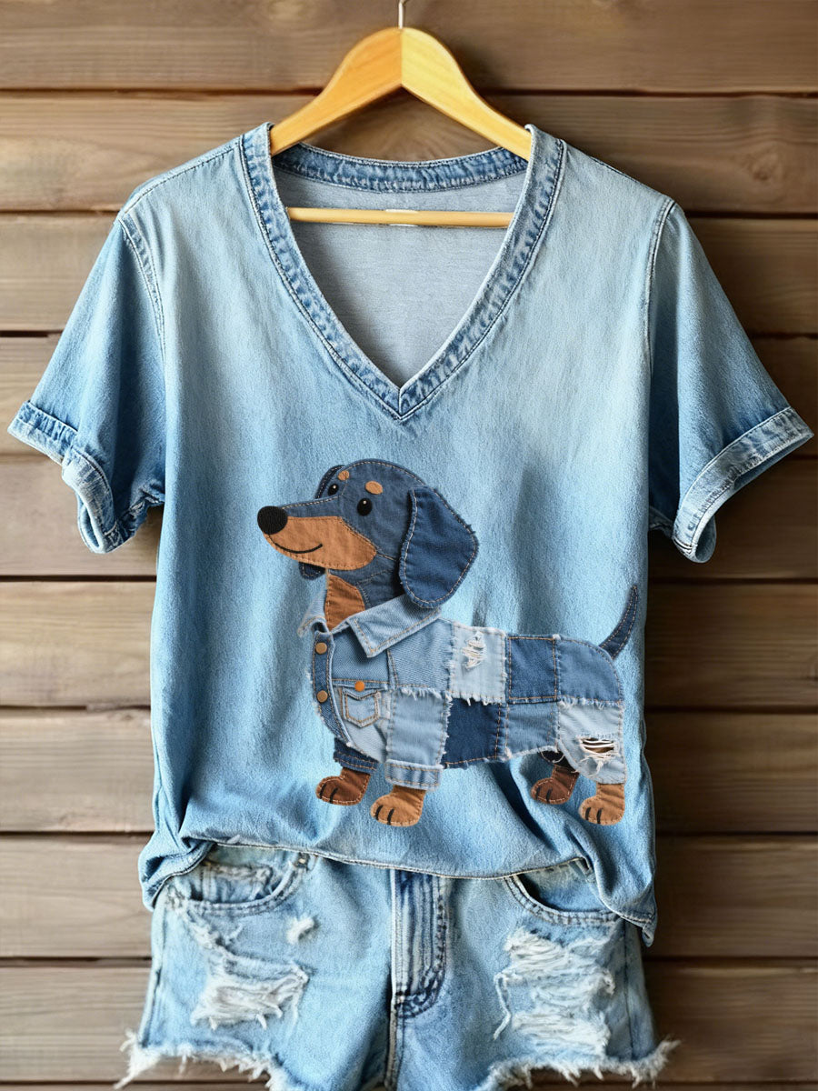 Mujer Denim Patchwork Art Dachshund Patrón V-cuello camiseta