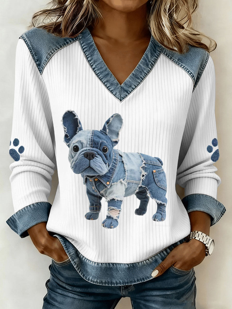 Bulldog Francés Patrón Denim Patchwork Art V-Neck Top Mujer