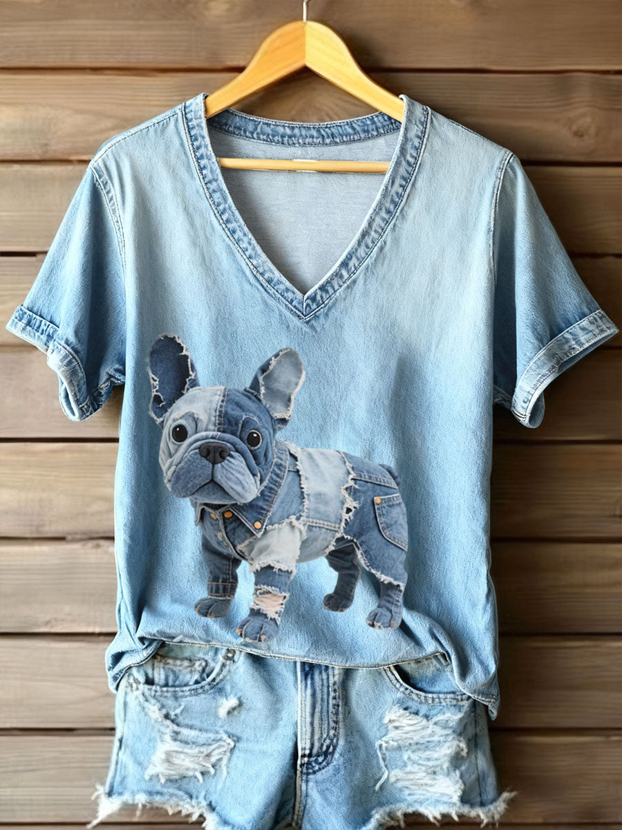 Denim Patchwork Art Bulldog Francés de las mujeres con cuello en V camiseta