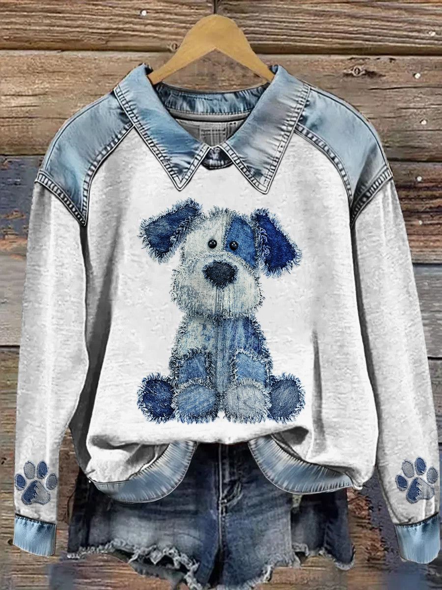 Sudadera de manga larga con estampado animal Denim Patchwork de solapa para mujer