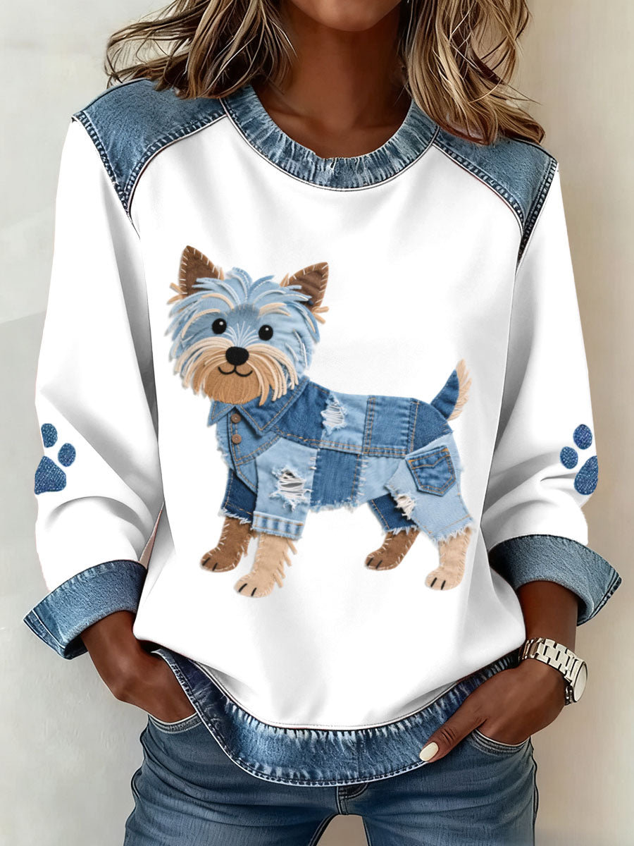 Sudadera encantadora del remiendo del dril de algodón del patrón del perro de Yorkshire Terrier de las mujeres