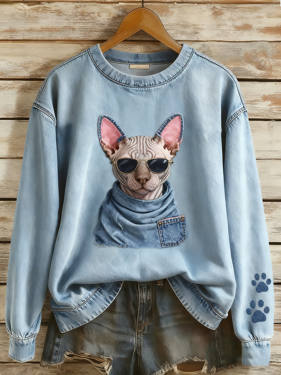 Retro Denim Patchwork Animal Art Print Casual Comfort Sudadera de manga larga para mujer