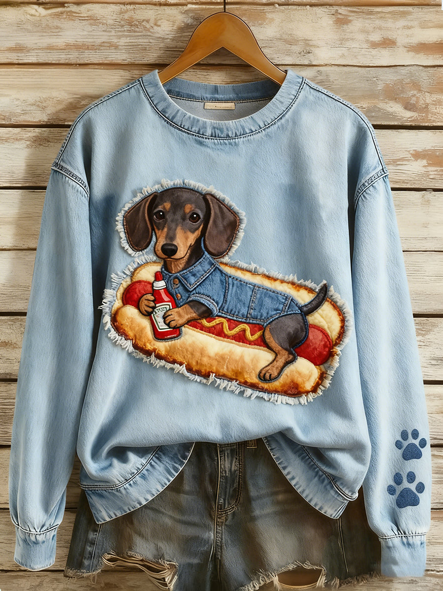 Retro Denim Patchwork Animal Art Print Casual Comfort Sudadera de manga larga para mujer