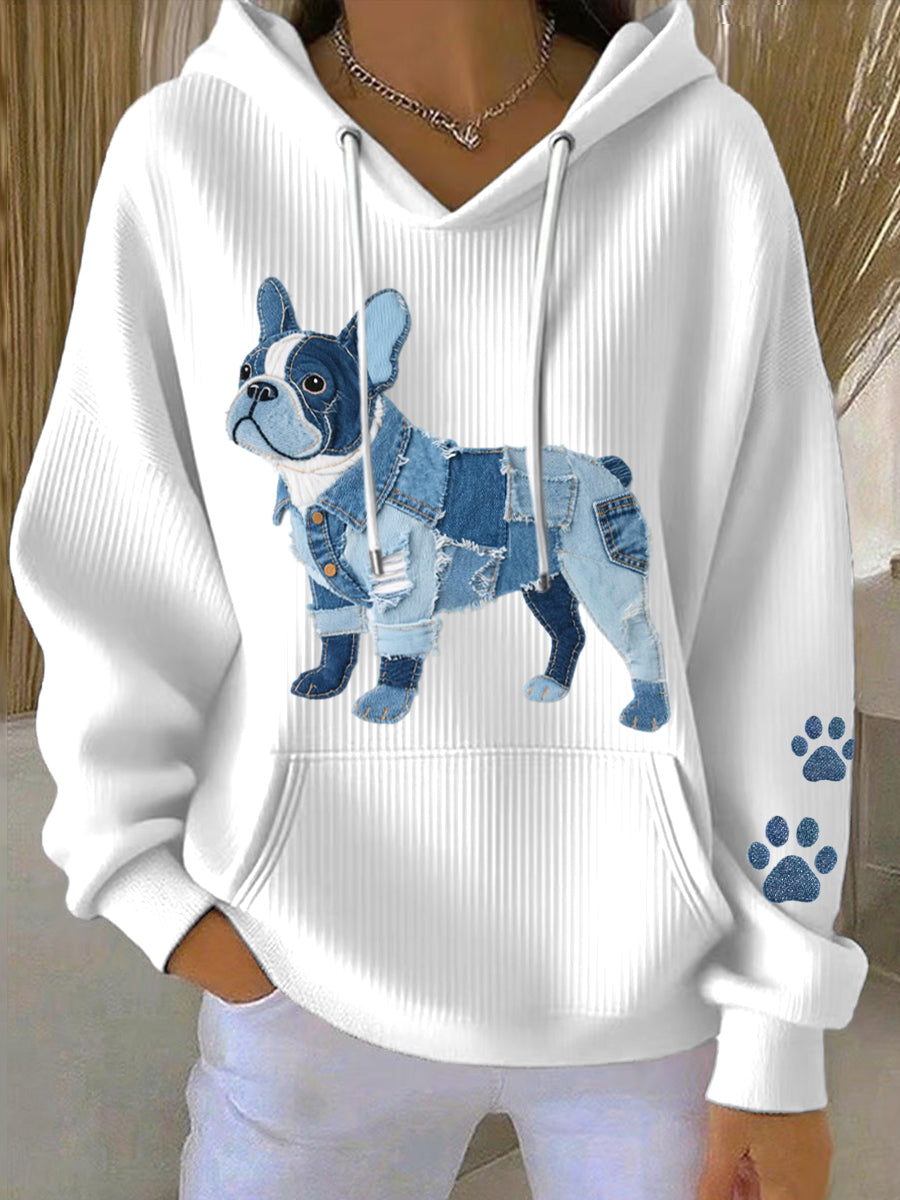 Denim Patchwork Art French Bulldog Pattern Hoodie para mujer