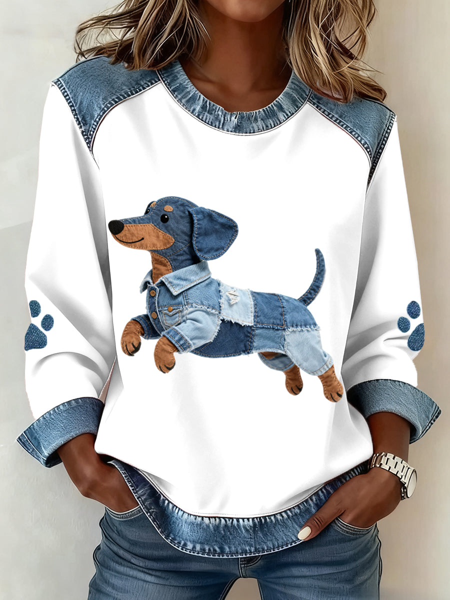 Encantador Dachshund Perro Patrón Denim Patchwork Sudadera de mujer