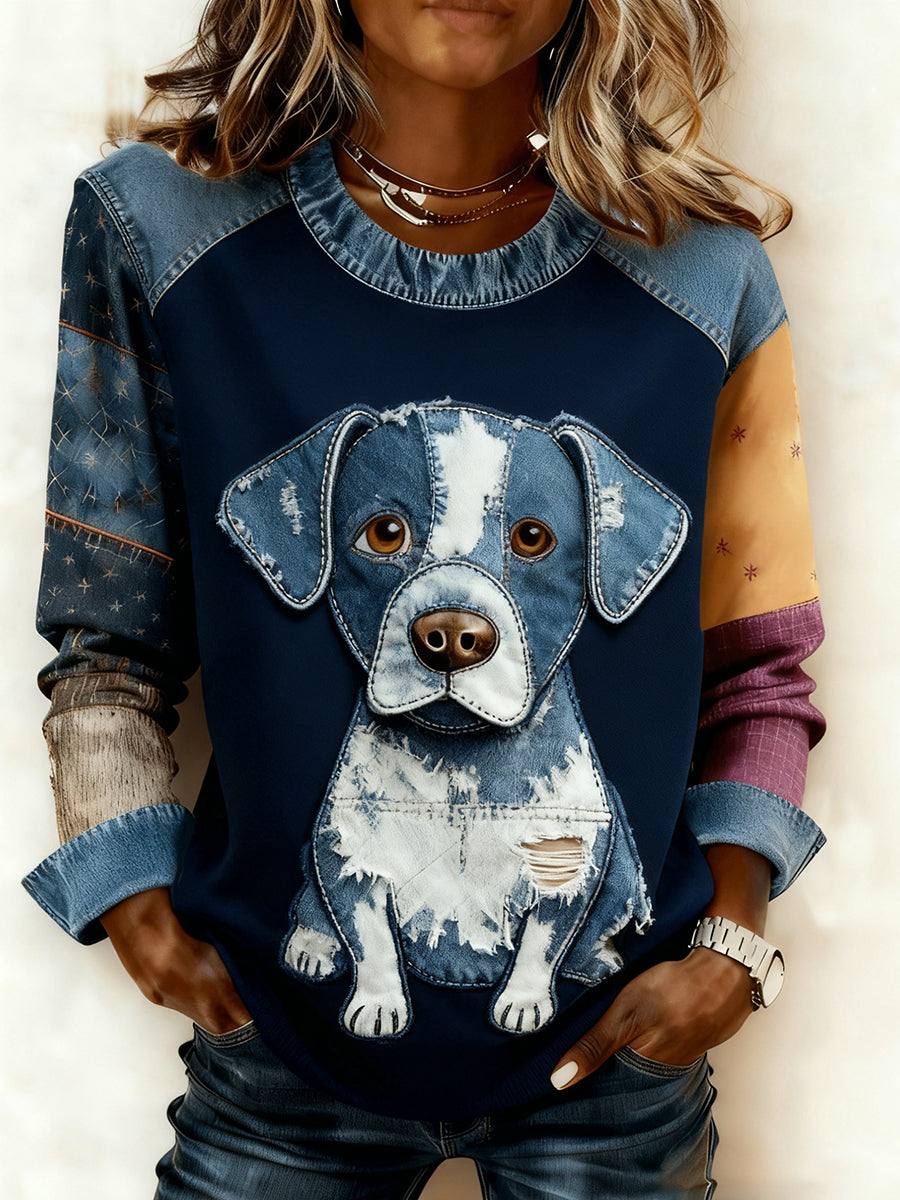 Women's Retro Animal Art Print Comfortable Denim Patchwork Sweatshirt