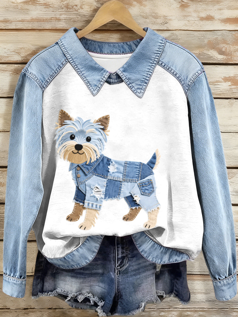 Mujeres Denim Patchwork Yorkshire Terrier perro patrón sudadera