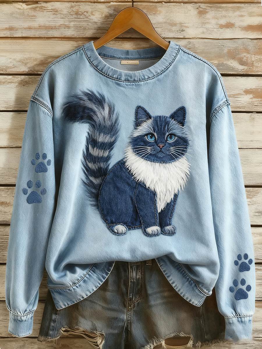 Women's Retro Denim Patchwork Animal Art Print Casual Comfort Long-Sleeve Sweatshirt