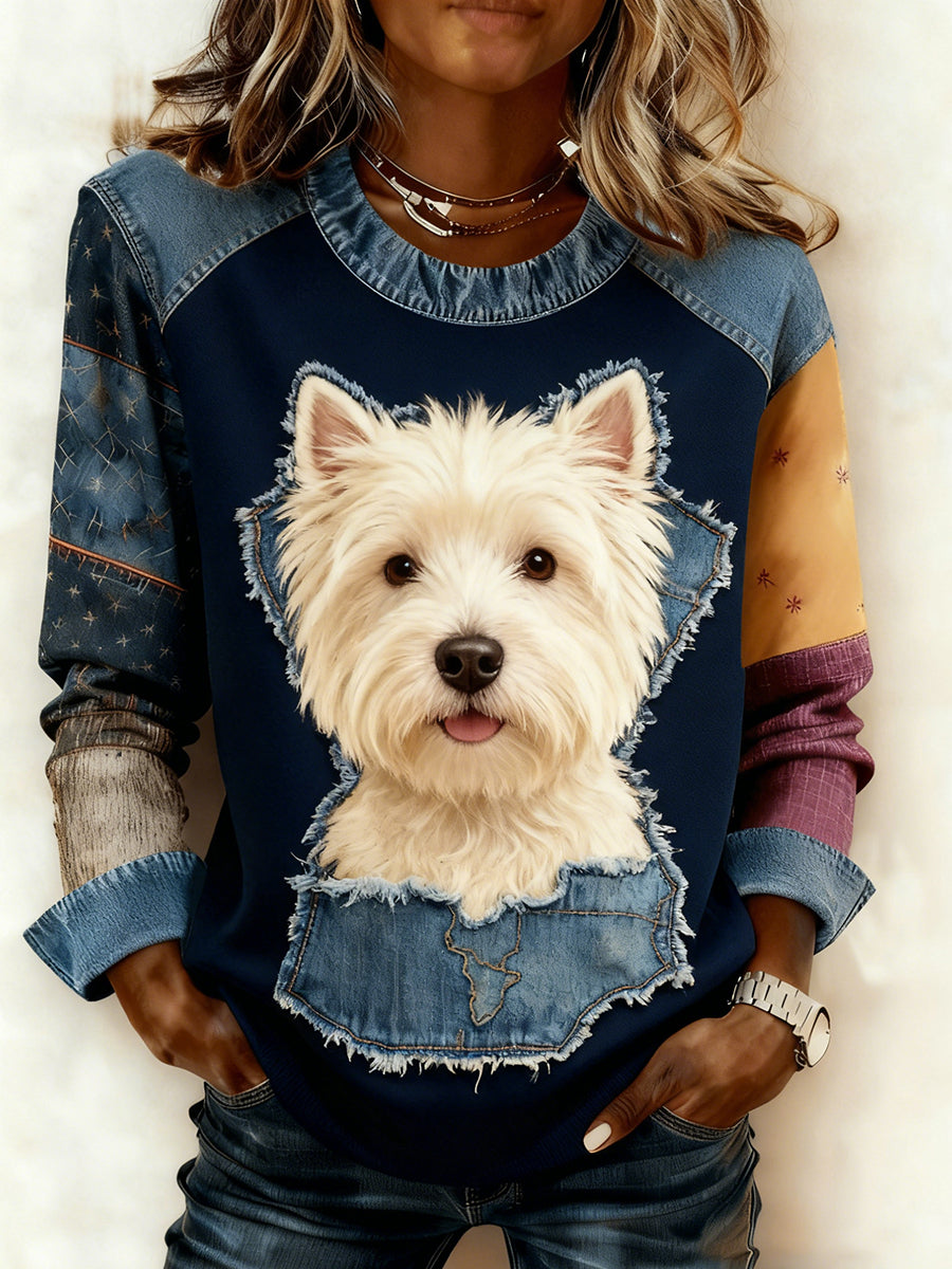 Women's Retro Animal Art Print Comfortable Denim Patchwork Sweatshirt