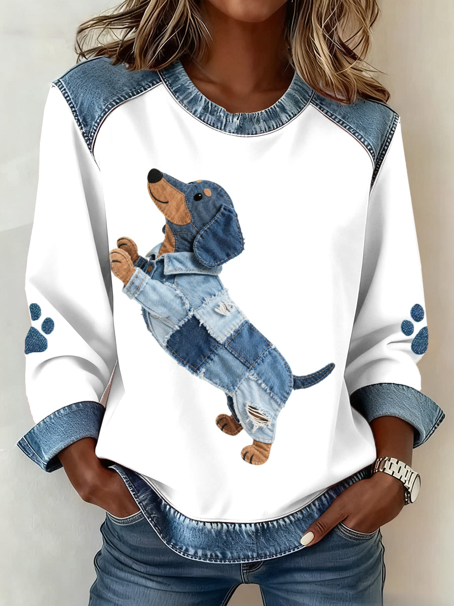 Encantador Dachshund Perro Patrón Denim Patchwork Sudadera de mujer