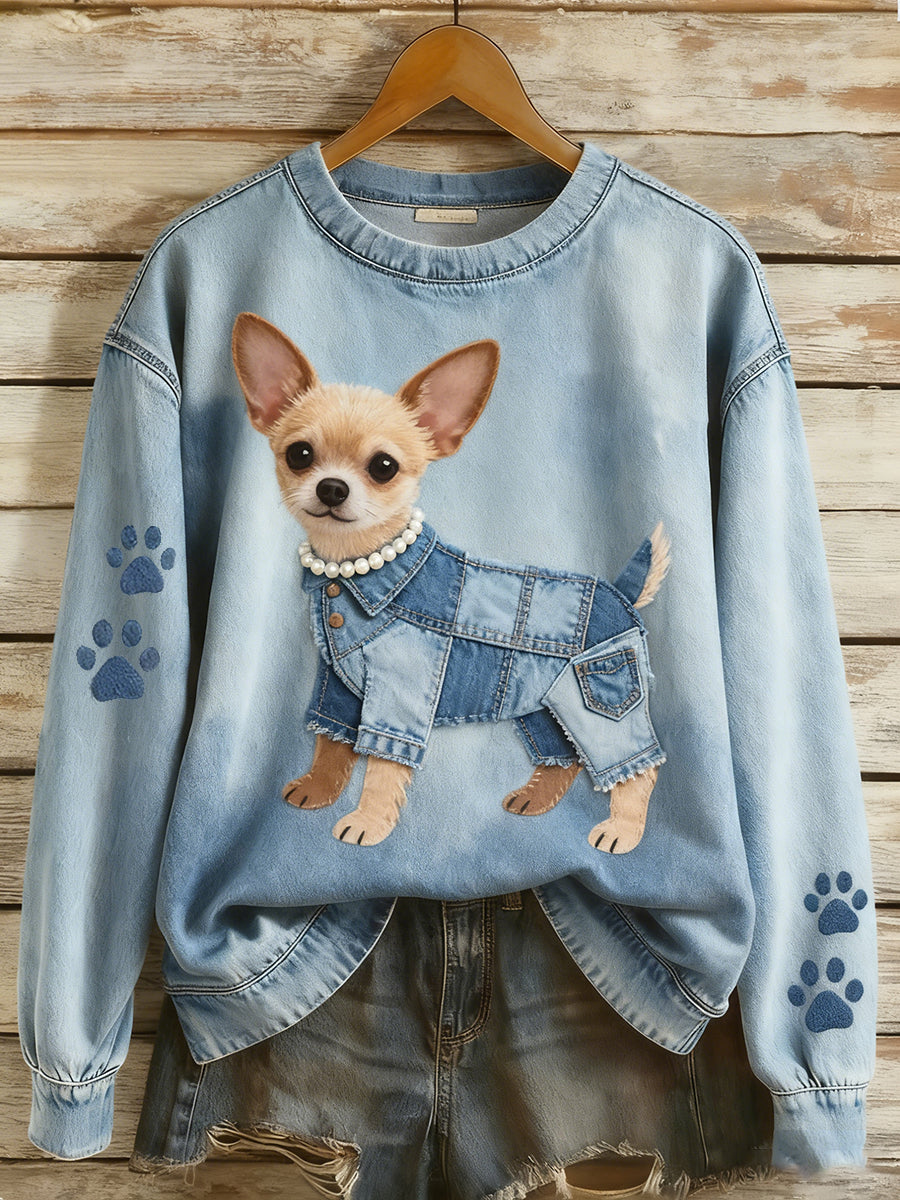 Women's Retro Denim Patchwork Animal Art Print Casual Comfort Long-Sleeve Sweatshirt