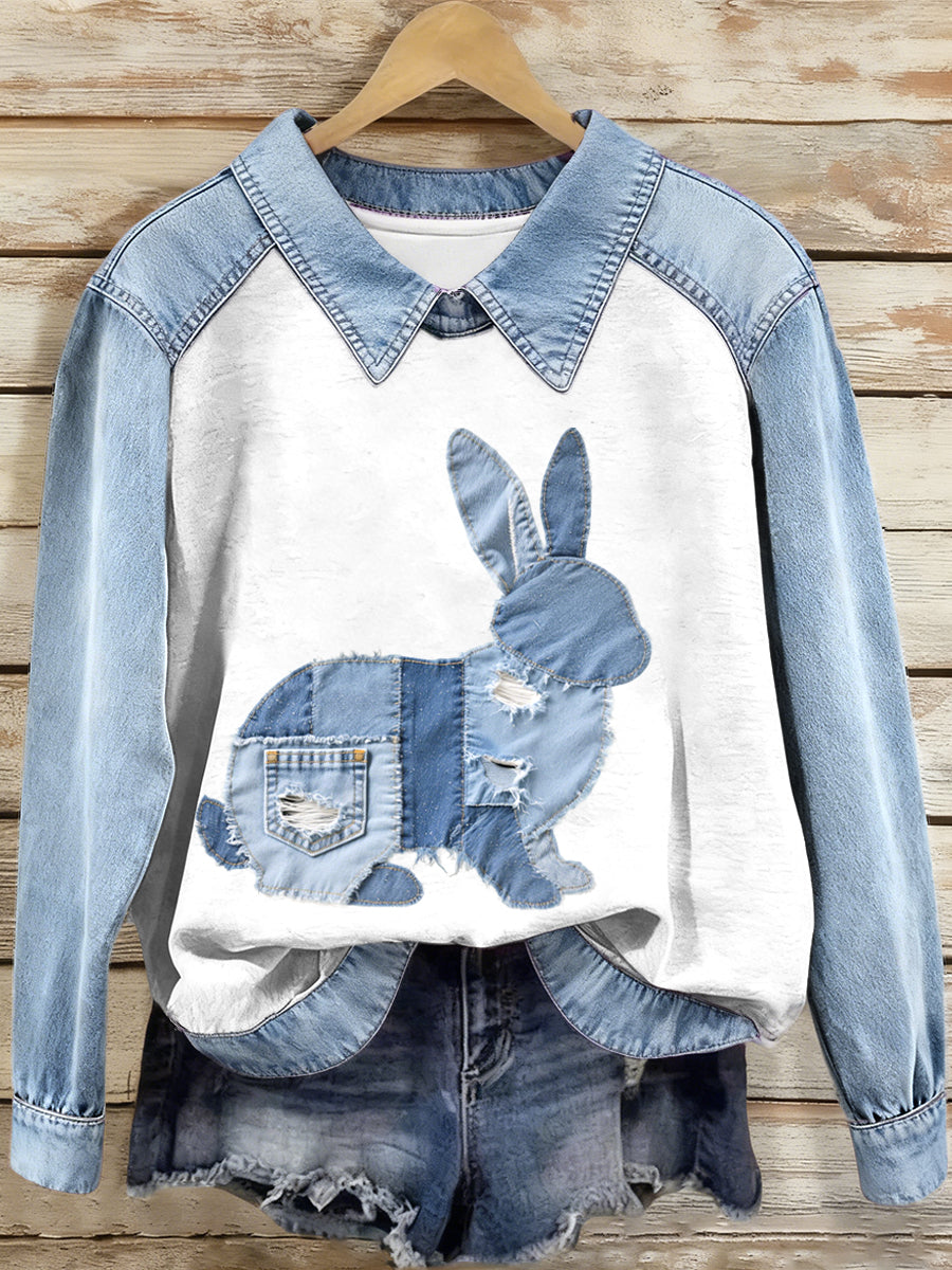 Sudadera con patrón de conejito de patchwork de mezclilla para mujer