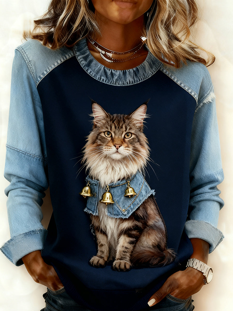 Mujeres Retro Animal Art Print cómodo Denim Patchwork sudadera
