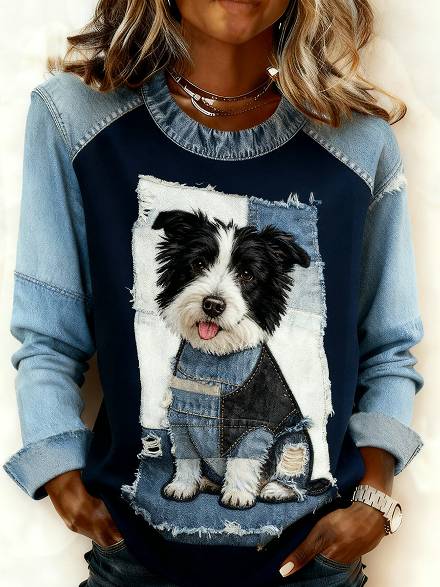 Mujeres Retro Animal Art Print cómodo Denim Patchwork sudadera