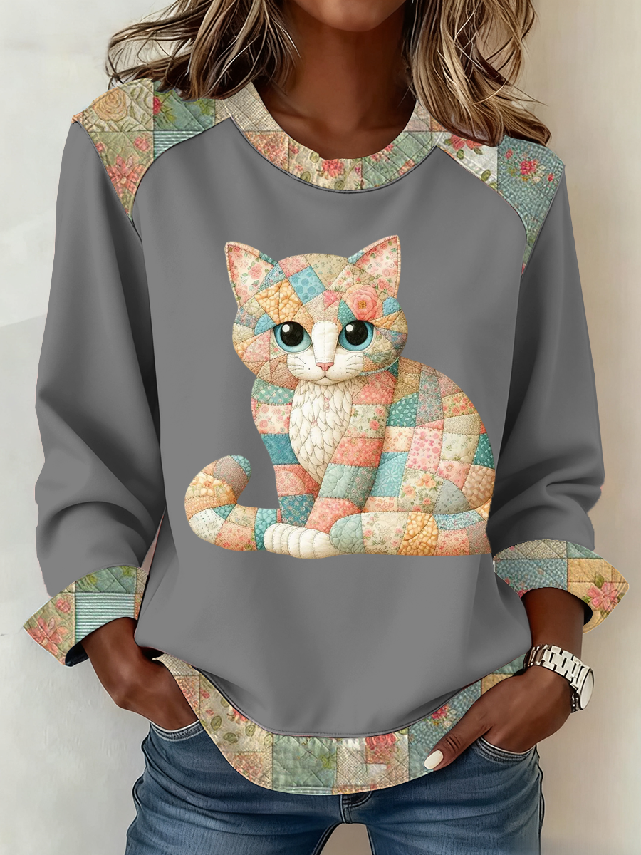 Lindo gato de las mujeres de impresión Patchwork Top