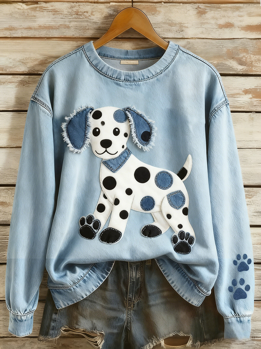 Retro Denim Patchwork Animal Art Print Casual Comfort Sudadera de manga larga para mujer