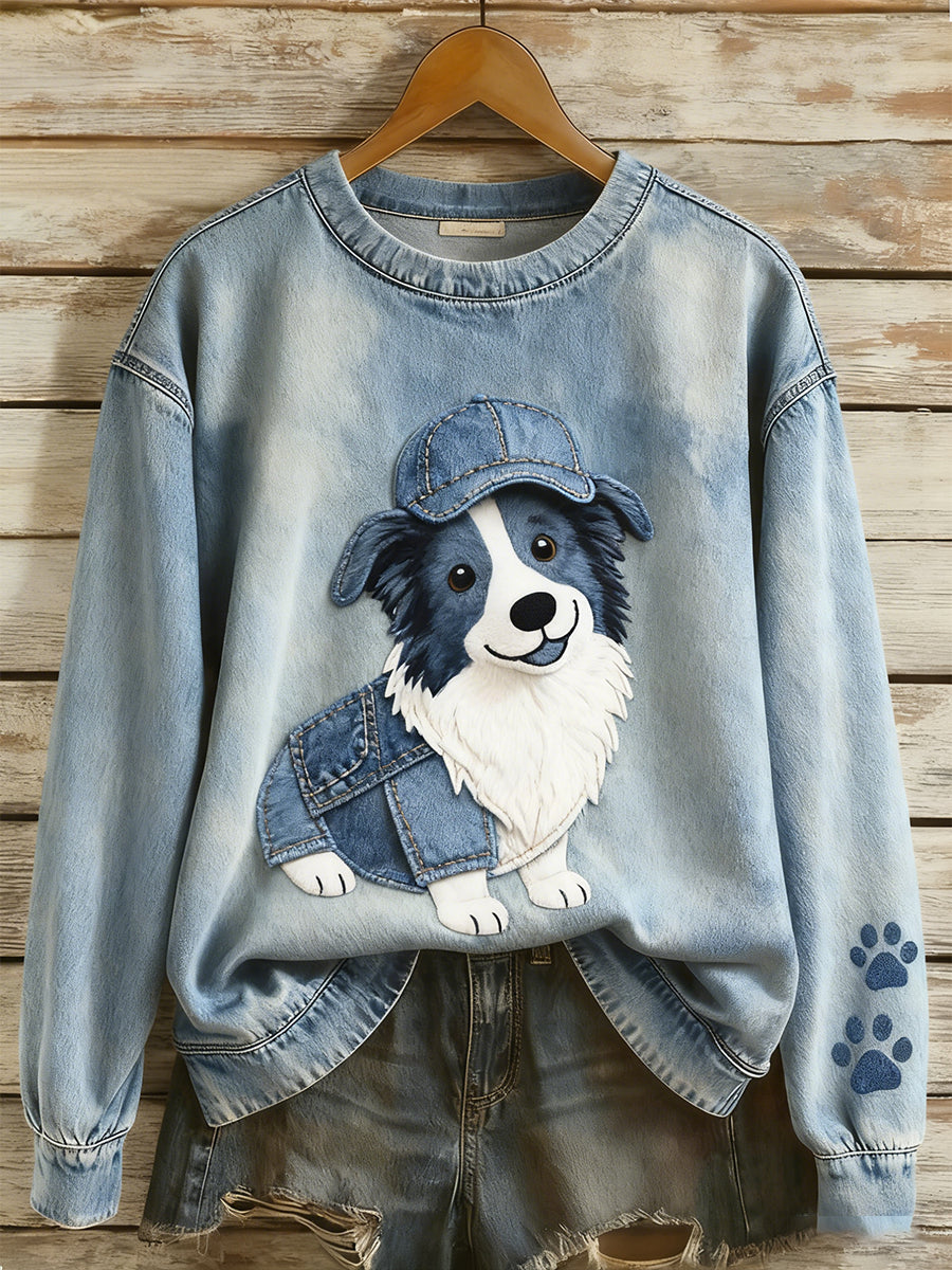 Retro Denim Patchwork Animal Art Print Casual Comfort Sudadera de manga larga para mujer
