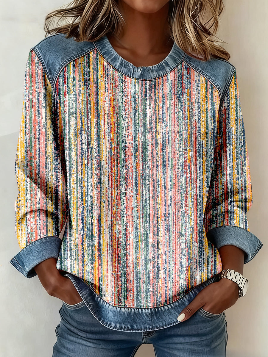 Sudadera patchwork de mezclilla con estampado de rayas multicolor para mujer