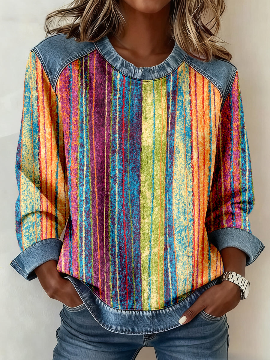 Sudadera patchwork de mezclilla con estampado de rayas de colores para mujer