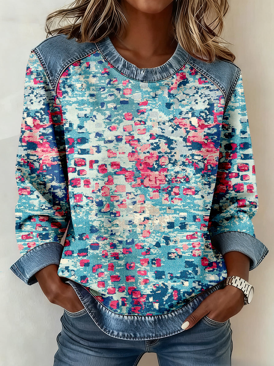 Patrón de arte abstracto de las mujeres Denim Patchwork Sudadera