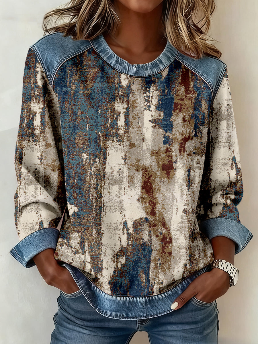 Vintage apenado textura impresión Denim Patchwork sudadera mujer