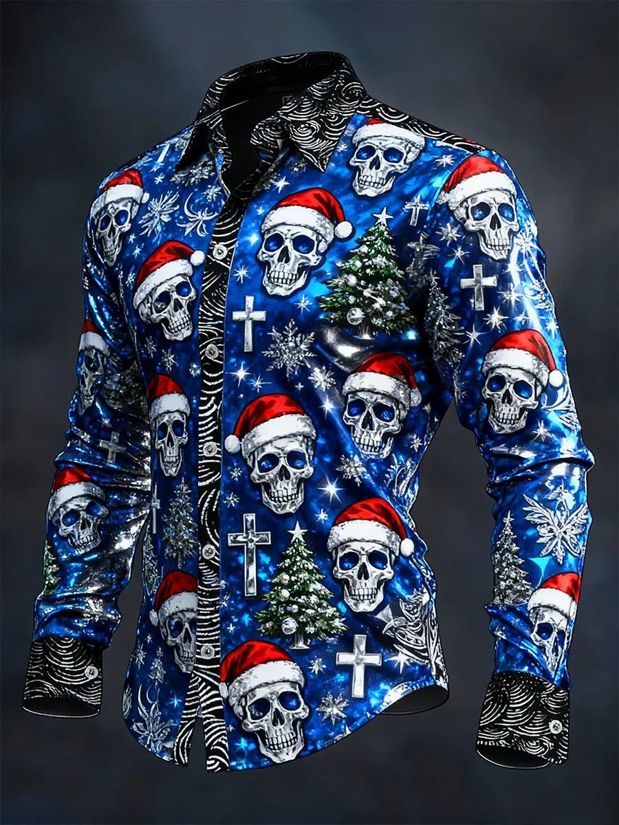 Camisa de manga larga vintage de cráneo de Navidad para hombre